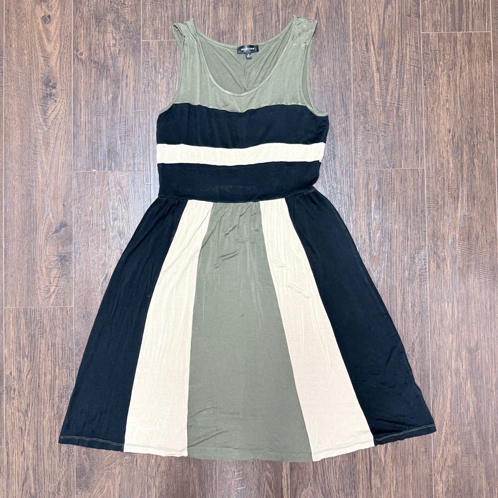 SPENSE OLIVE BLACK TAN SLEEVELESS STRIPED COLOR BLOCK MID LEGNTH ELASTIC WAIST